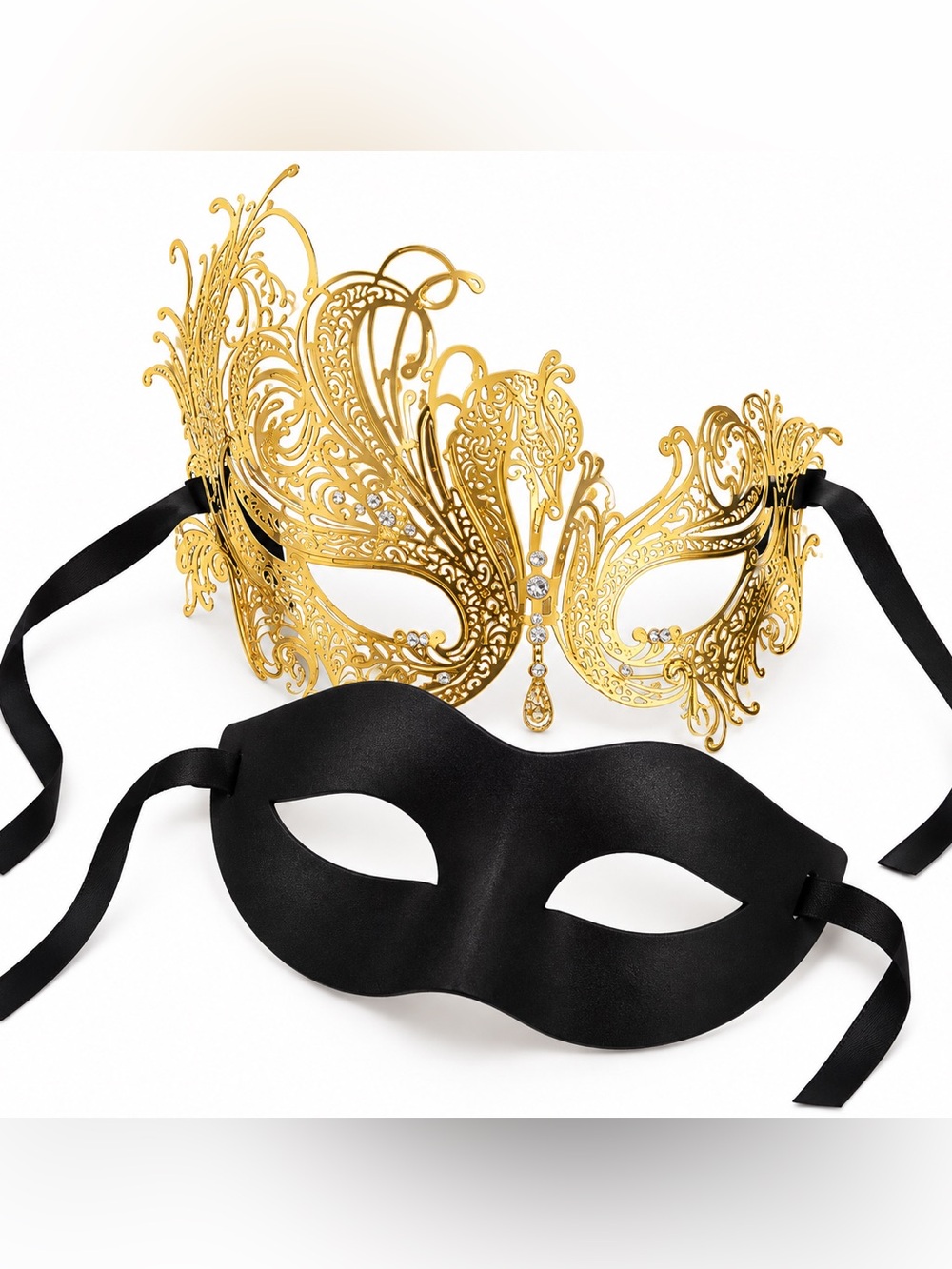 His & Hers Masquerade Masks Gold Filigree Black Couples Costume Set